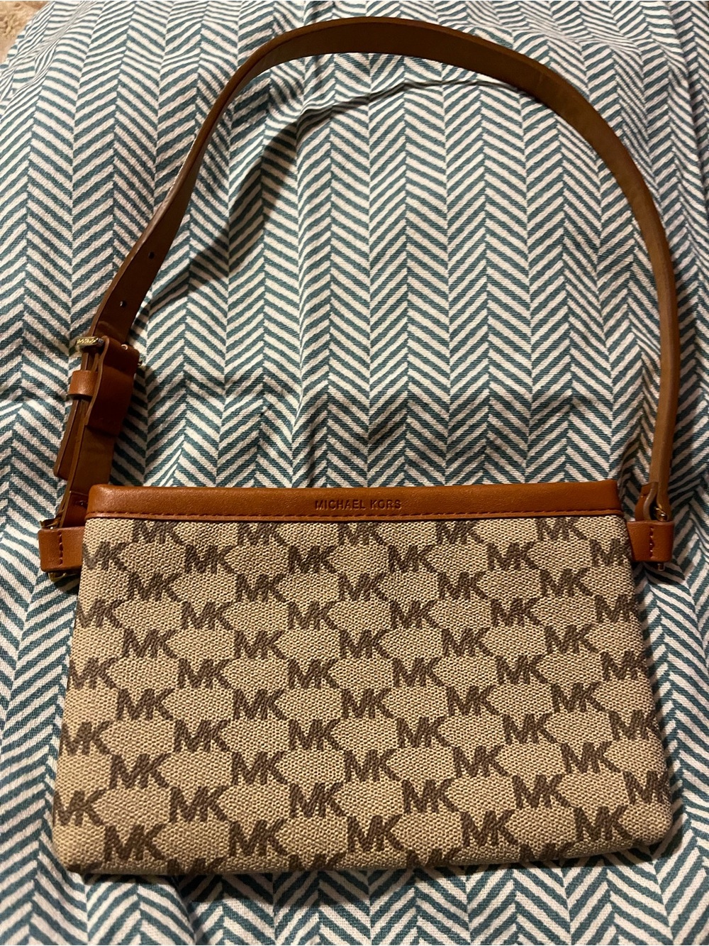 Michael Kors Beige and Brown MK Monogram Wristlet Clutch